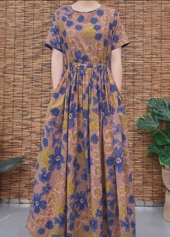Retro Coffee O-neck Print Patchwork Pockets Long Dresses Short Sleeve