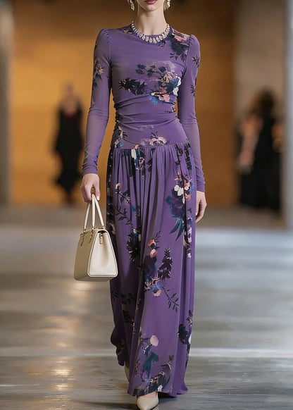 Purple O-neck Print Top and Maxi Skirts Two Pieces Set Spring