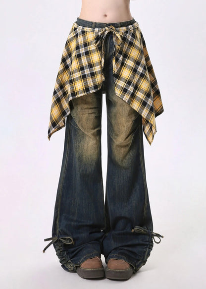 Navy Cinched Exra Large Hem Denim Flared Trousers Pants Spring