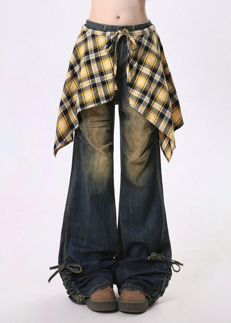 Navy Cinched Exra Large Hem Denim Flared Trousers Pants Spring