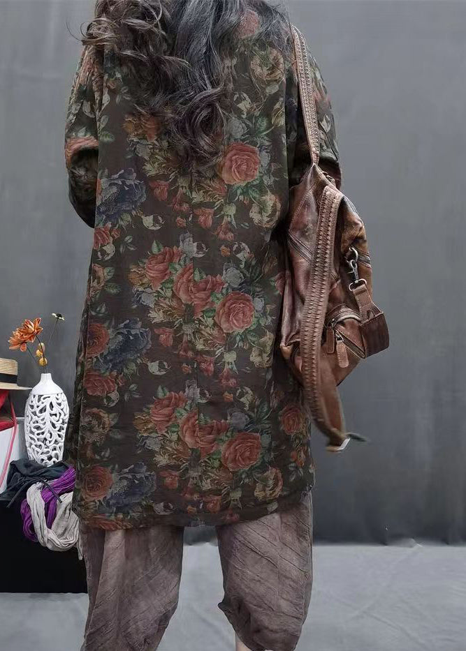 Coffee Peter Pan Collar Print Long Linen Shirts Long Sleeve