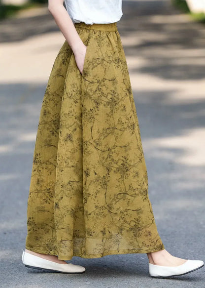 Khaki Pockets Print High Waist Cotton Skirts Summer