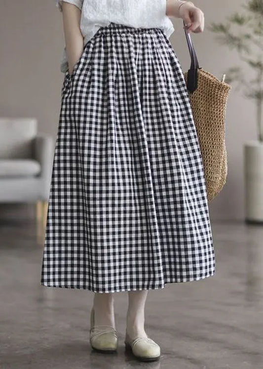Plaid Wrinkled Pockets Patchwork Cotton Skirts Summer