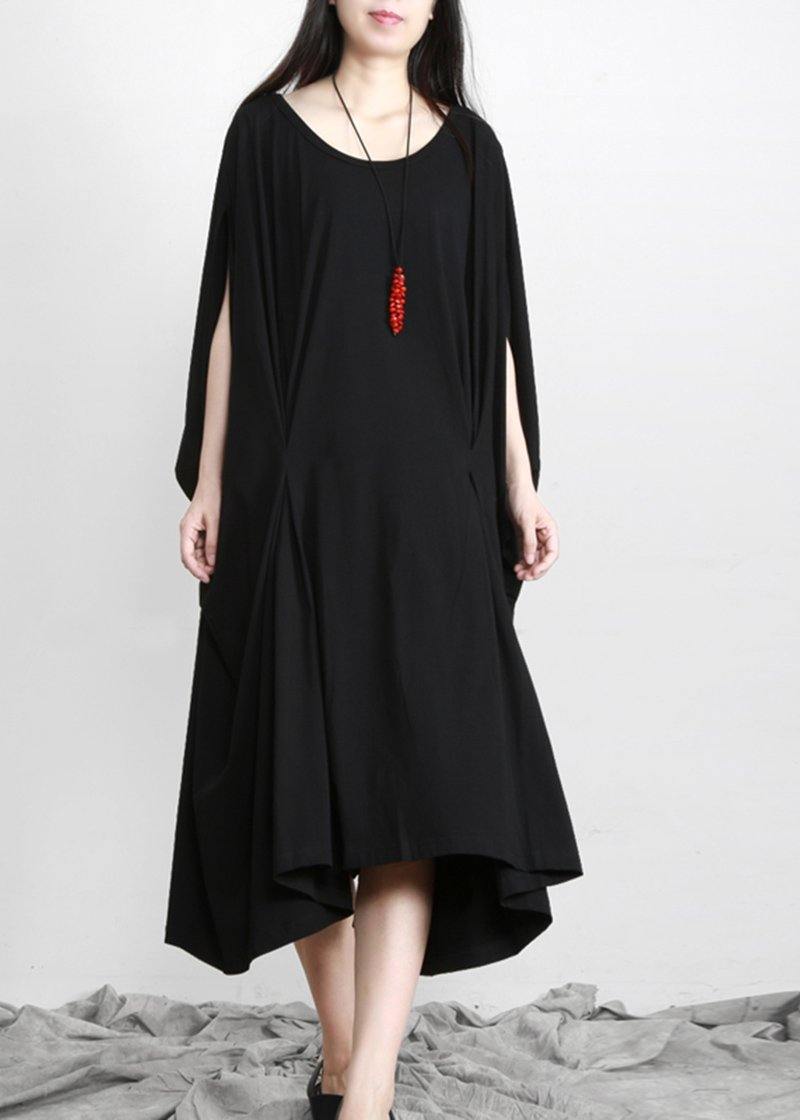 Diy Black Asymmetric Cotton Long Dress O Neck