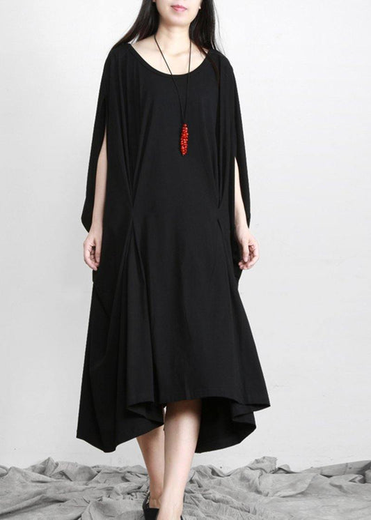 Diy Black Asymmetric Cotton Long Dress O Neck
