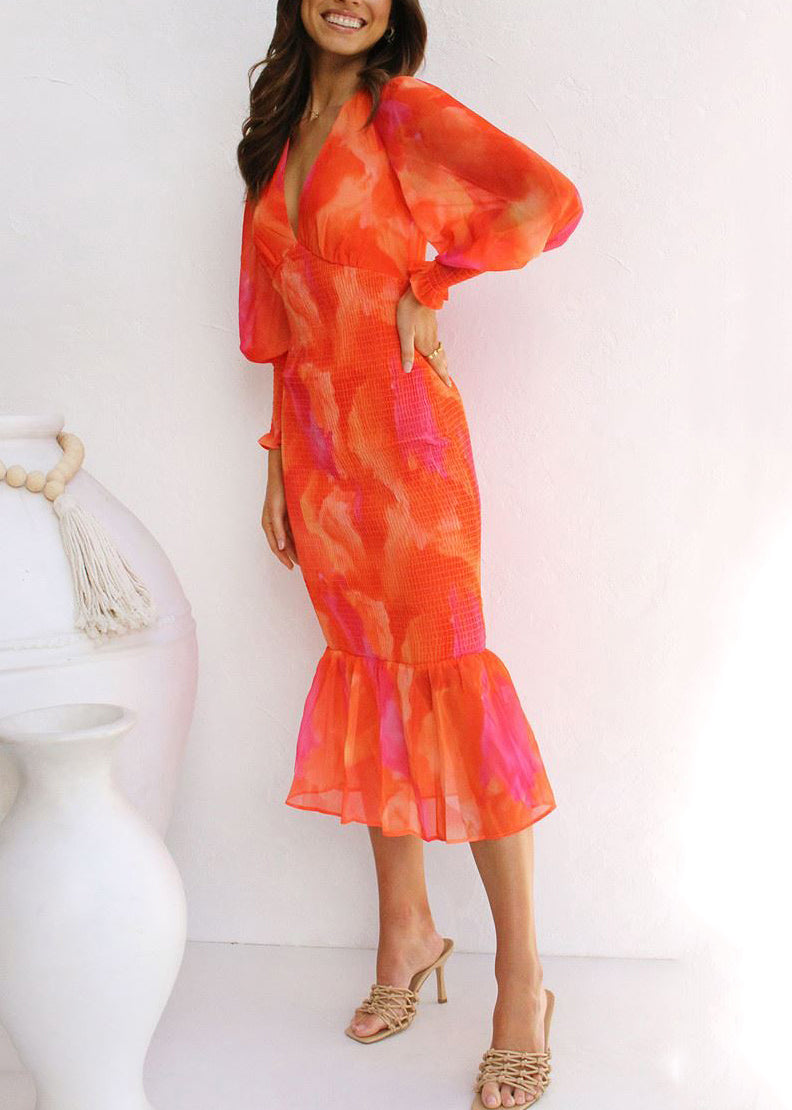 Red V Neck Lace Up Cotton Fishtail Dress Puff Sleeve