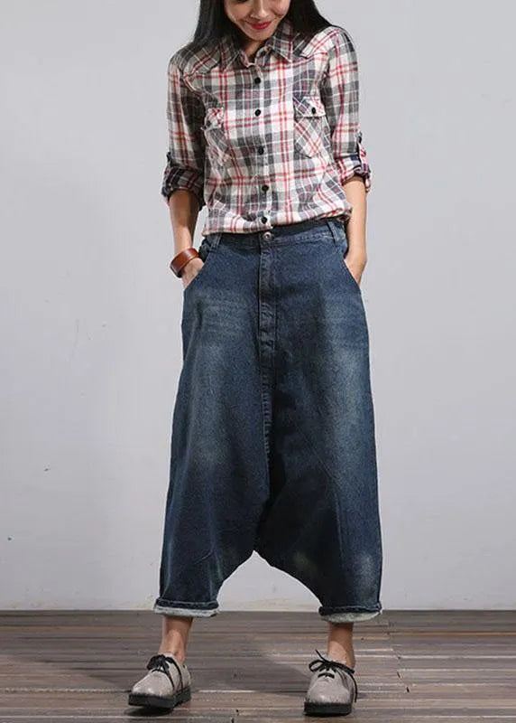 Modern Blue Pockets Wrinkled Fall Harem Denim Pants