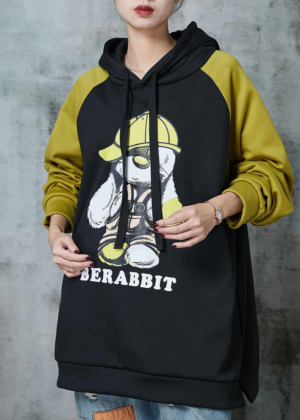 Diy Black Hooded Patchwork Warm Fleece Pullover Spring