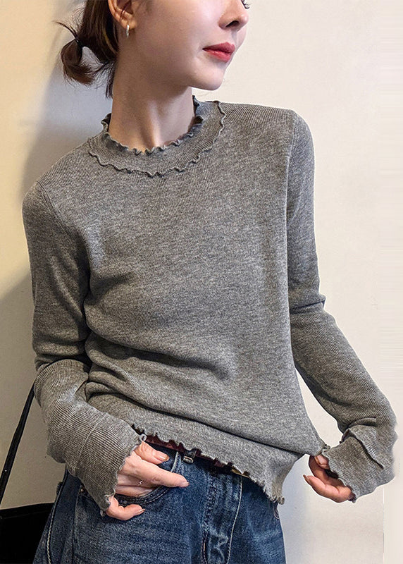 Grey Ruffled Silm Fit Knit Pullover Spring