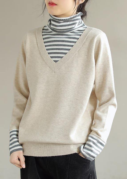 Comfy Beige Blouse Patchwork High Neck Spring Knitted Blouse