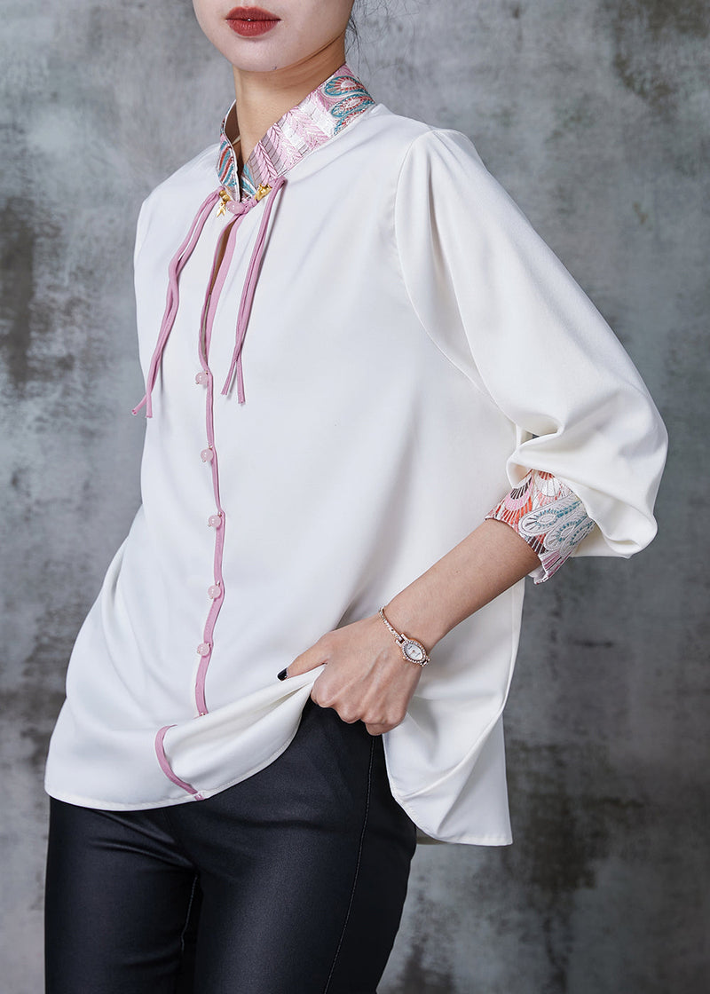 White Embroidered Chiffon Oriental Shirt Spring