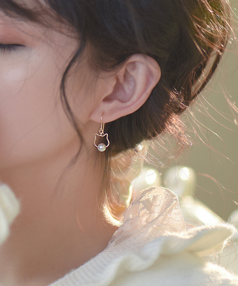 New Gold Alloy Pearl Little Cat Drop Earrings