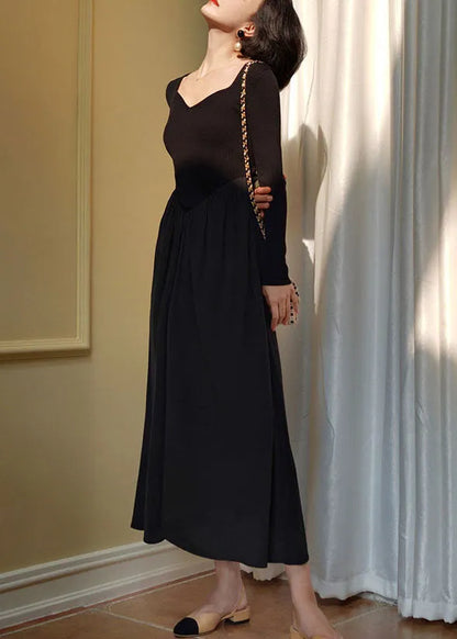 Black Square Collar Patchwork Slim Fit Knit Dress Spring