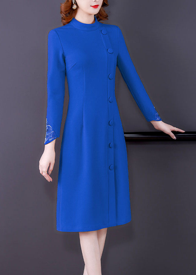 Yellow O-neck Embroideried Button Maxi Dress Fall
