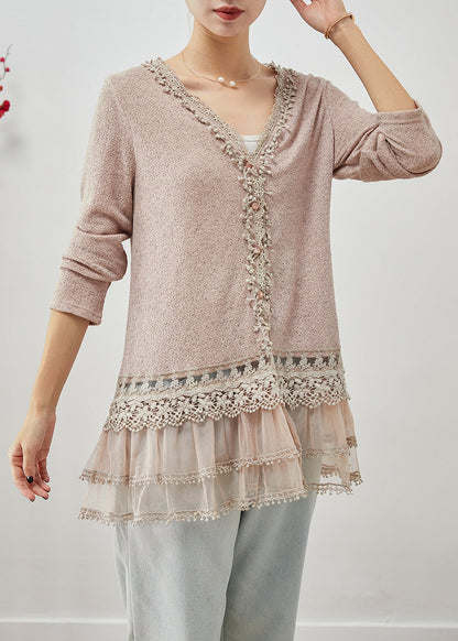 Light Purple V Neck Patchwork Ruffles Spandex Tops Fall