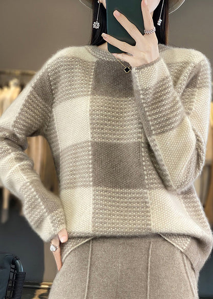 Boutique Camel O-neck Plaid Patchwork Cashmere Knit Sweater Tops Spring