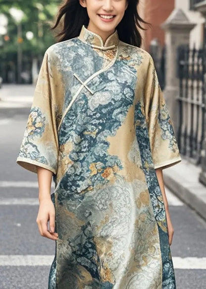 Khaki Print Side Open Silk Oriental Dress Bracelet Sleeve Spring