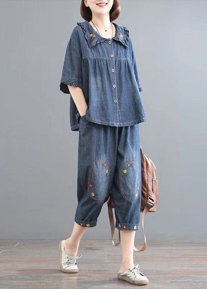 Classy Blue Wrinkled Embroideried Tops and Pants Denim Two Pieces Set Summer