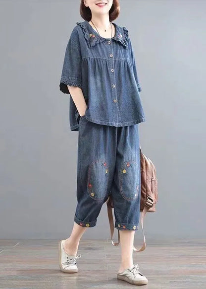 Classy Blue Wrinkled Embroideried Tops and Pants Denim Two Pieces Set Summer