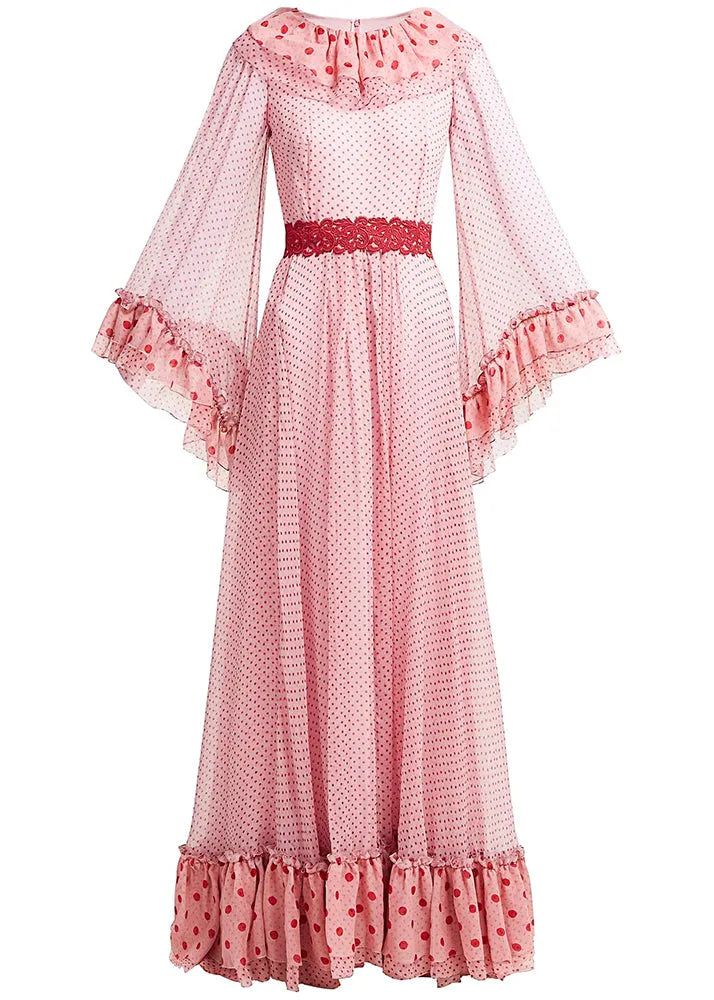 Pink Ruffled Dot Patchwork Chiffon Dresses Spring