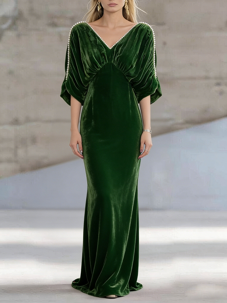 Green V Neck Nail Bead Patchwork Wrinkled Velour Dress Spring
