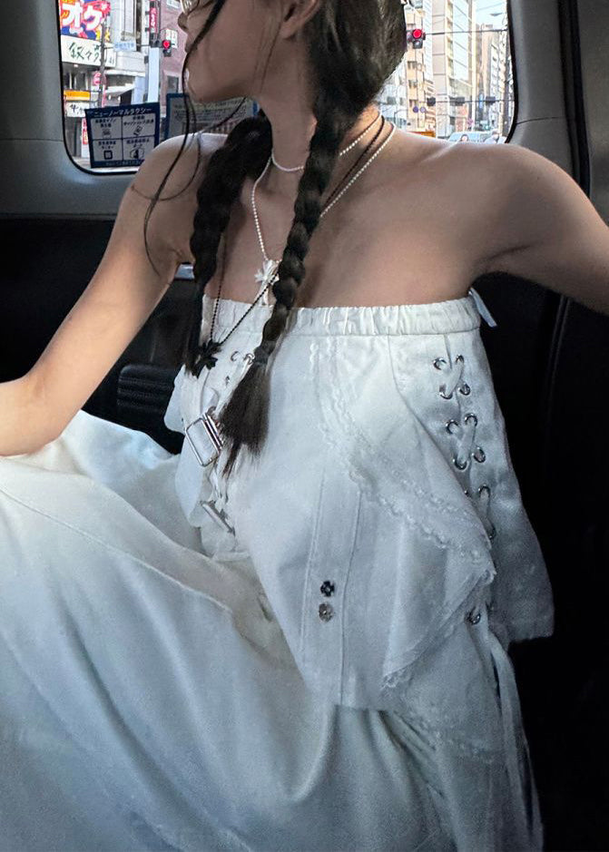 White Asymmetrical Hollow Out Cotton Tank Sleeveless