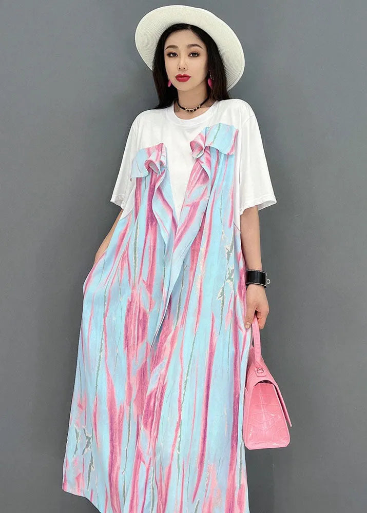 Fine Pink Asymmetrical Patchwork Ruffles Cotton Holiday Dress Short Sleeve
