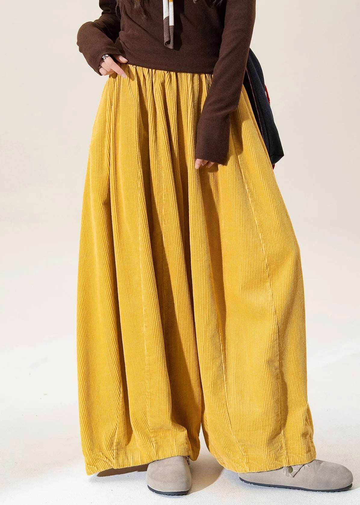 Black Elastic Waist Corduroy Wide Leg Pants Fall