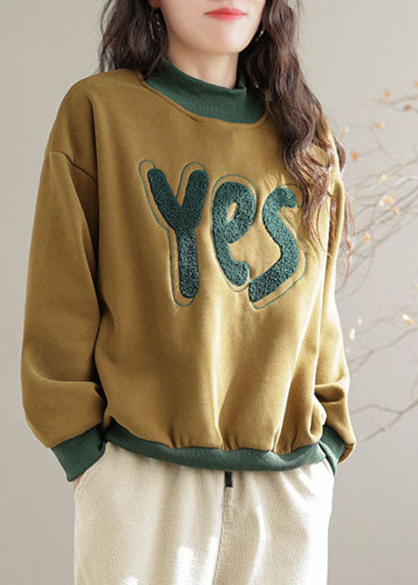 Yellow Embroideried Patchwork Warm Fleece Pullover Sweatshirt Spring