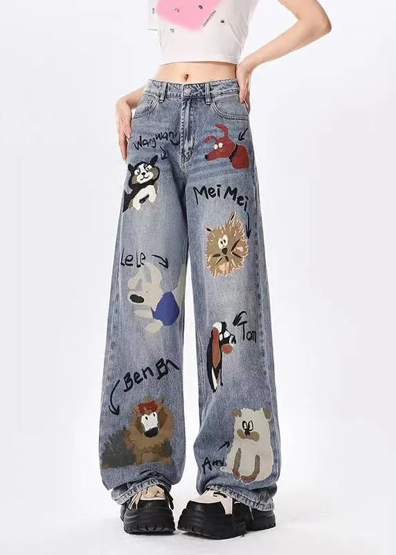 Blue Graffiti Pockets Denim Wide Leg Pants Spring