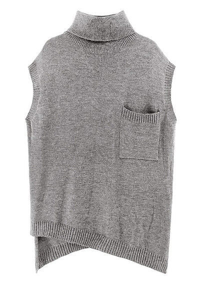 Grey Turtleneck Asymmetrical Thick Knit Waistcoat Spring