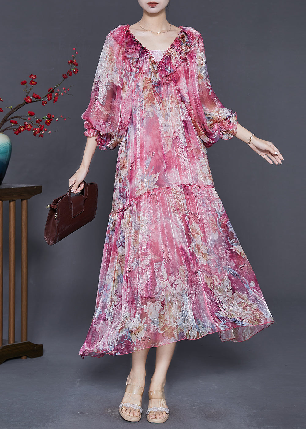 Rose Ruffles Print Silk Party Dress Spring
