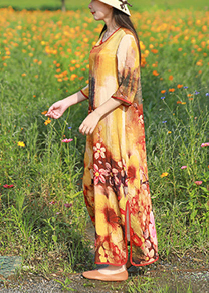 Light Yellow O-neck Side Open Print Long Dress Half Sleeve