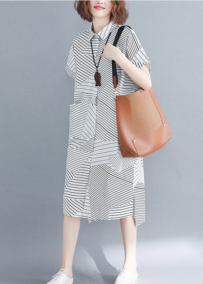 Stylish Black Peter Pan Collar Low High Design Striped Shirt Dresses Short Sleeve
