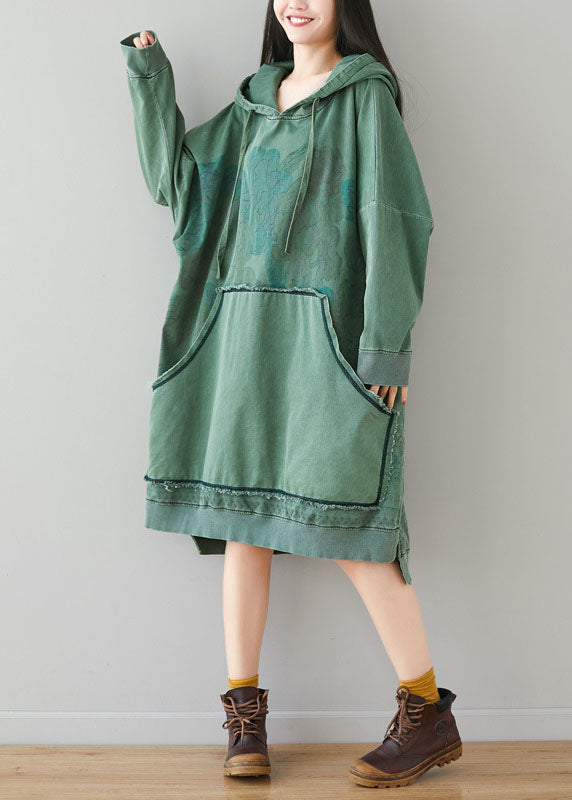 Light Green Sweatshirt Dresses Hooded Drawstring Pockets Spring