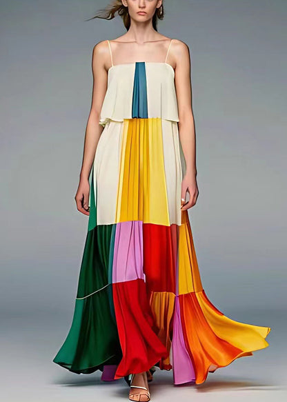 Beige Wrinkled Patchwork Silk Spaghetti Strap Dress Sleeveless