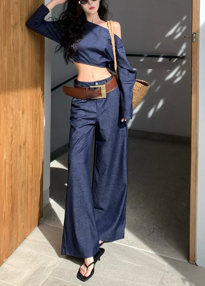 Navy One Shoulder Denim Two Piece Suit Set Summer