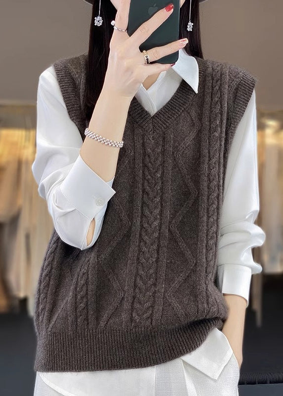 Camel V Neck Thick Cable Wool Knit Waistcoat Fall