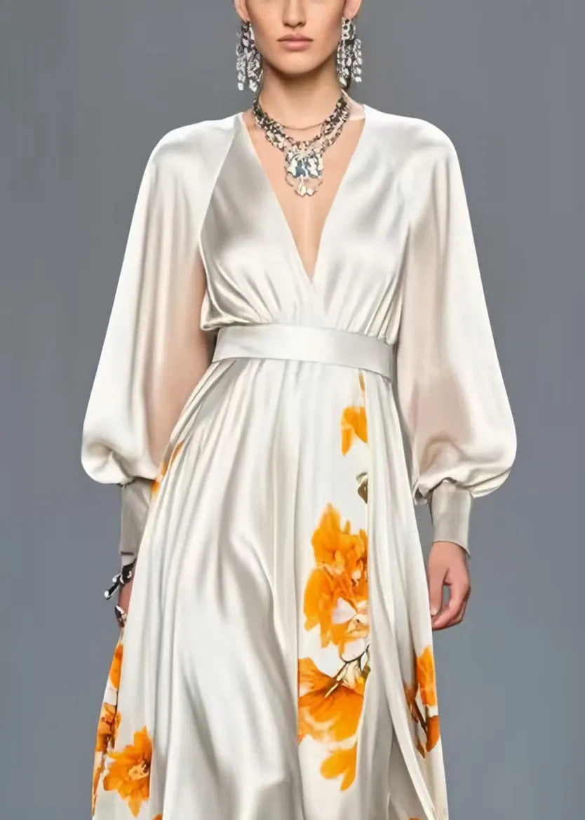 White V Neck Print Silk Cinched Dress Spring