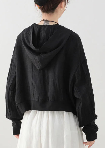 Black Hooded Zippered Pockets Linen Coat Long Sleeve