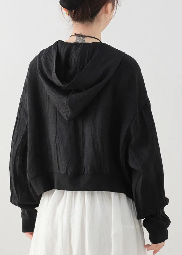 Black Hooded Zippered Pockets Linen Coat Long Sleeve
