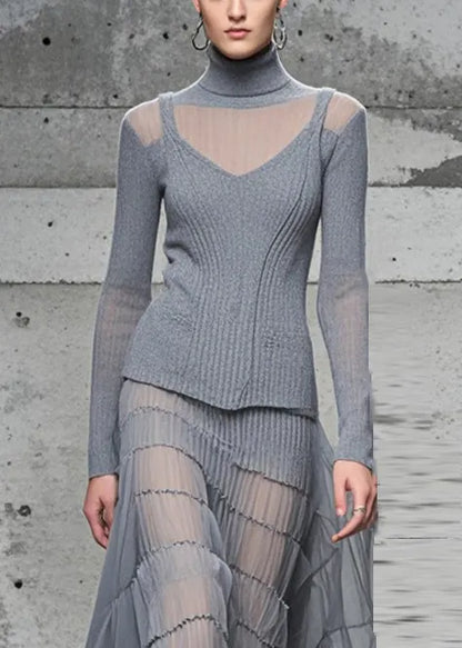 Grey High Neck Patchwork Exra Large Hem Knit Long Dress Fall