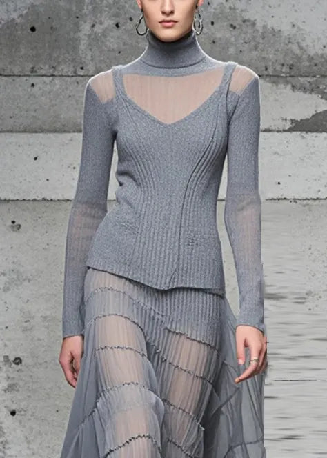 Grey High Neck Patchwork Exra Large Hem Knit Long Dress Fall