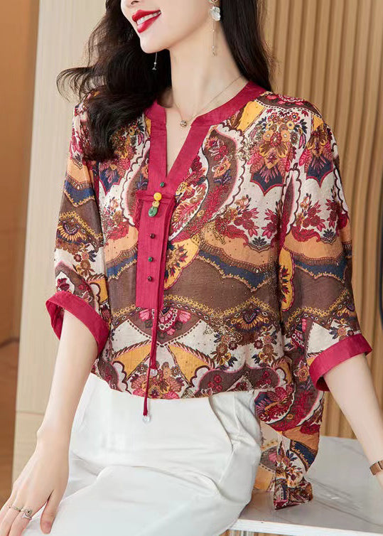 Red Tasseled Print Cotton Blouse Tops Half Sleeve