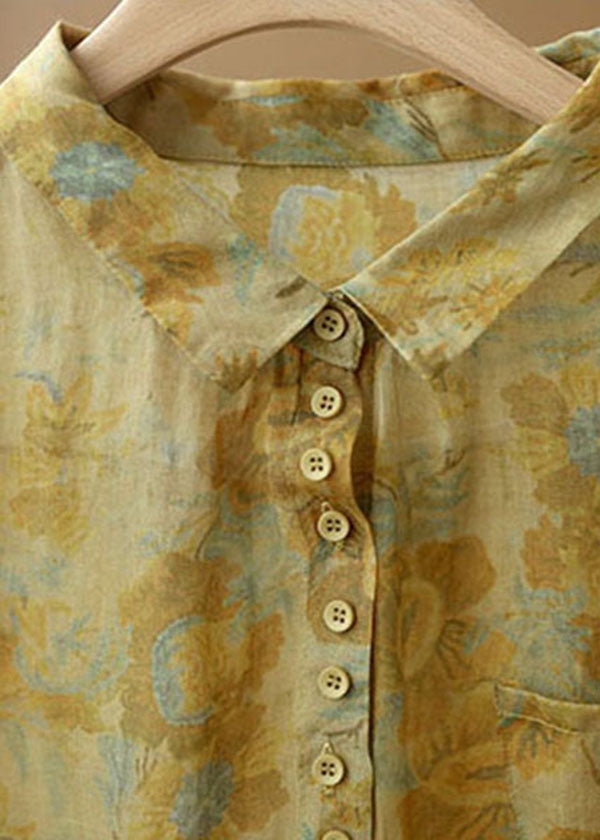 Yellow Peter Pan Collar Print Button Linen Blouse Tops Short Sleeve