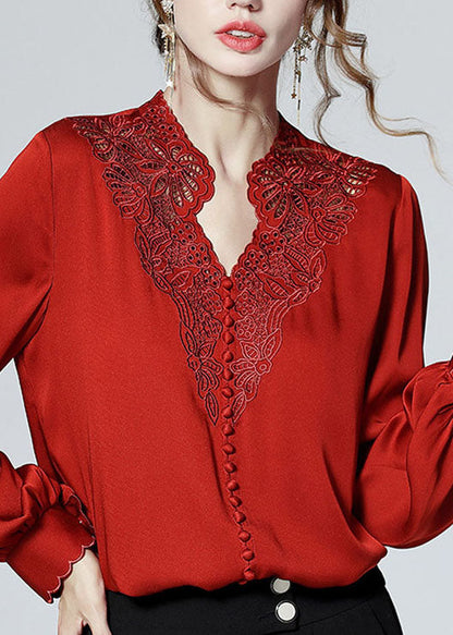 Red V Neck Button Embroideried Patchwork Silk Shirt Top Spring