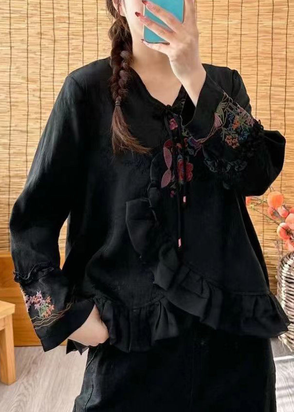 Loose Black V Neck Ruffled Embroideried Button Shirt Long Sleeve