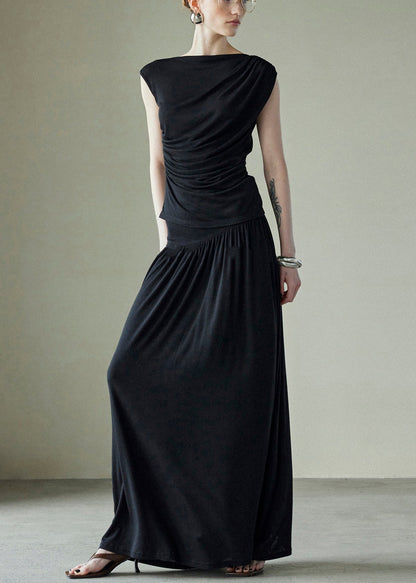 New Black Wrinkled Silk Cotton Two Piece Set Sleeveless