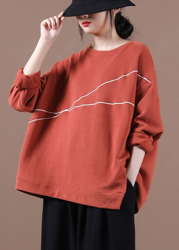 Brick Red O-neck Embroideried Loose Fall Sweatshirt