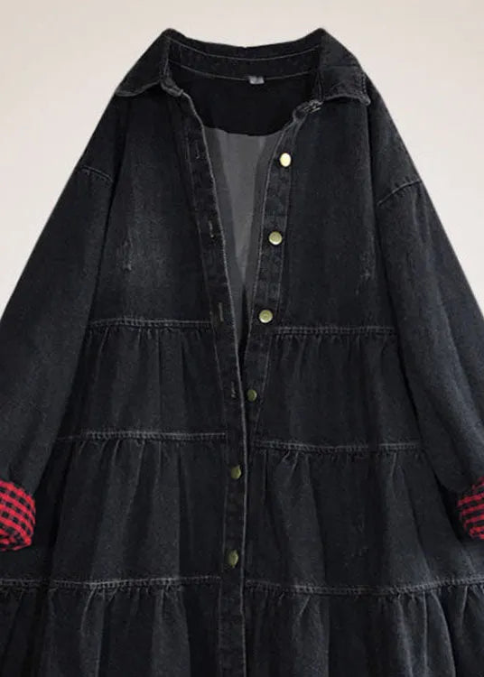 Black Loose Button Patchwork Fall Trench Coats Dress
